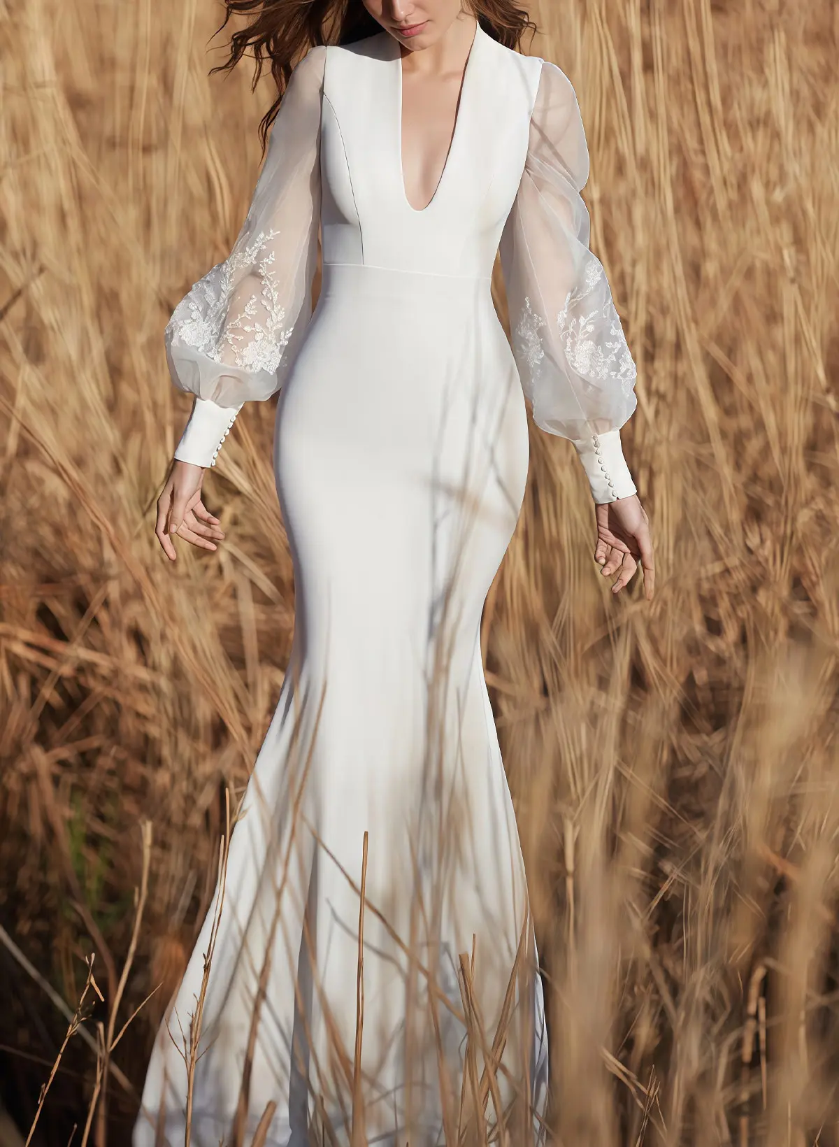 modest wedding dress mermaid Modest Gold Mermaid Wedding Dress High Neck Long Sleeve Pageant Dress –  Viniodress
