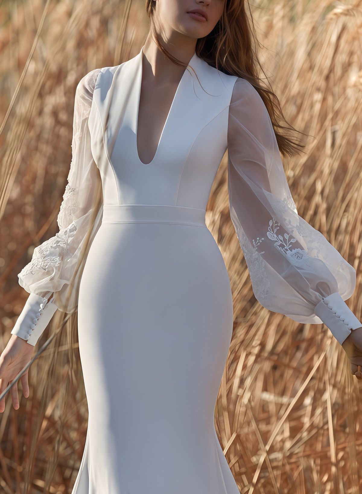 Trumpet/Mermaid Plunge Neck Detachable Sleeves Sweep Train Elastic Satin /Matte Satin Bride Wedding Dress