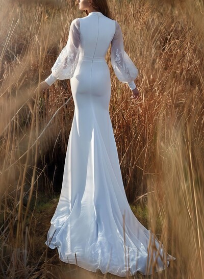 Trumpet/Mermaid Plunge Neck Detachable Sleeves Sweep Train Elastic Satin /Matte Satin Bride Wedding Dress