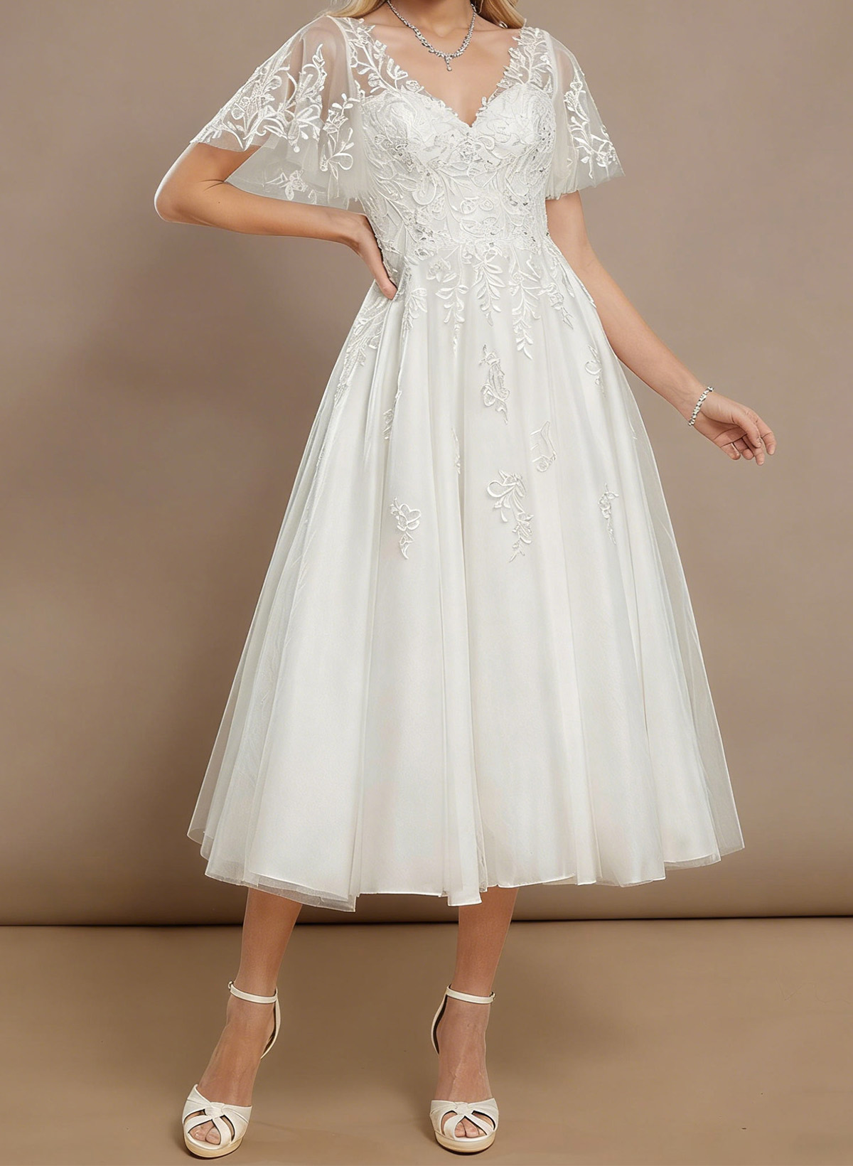 A-Line V-Neck Short Sleeves Tea-Length Satin Wedding Dresses With Appliques