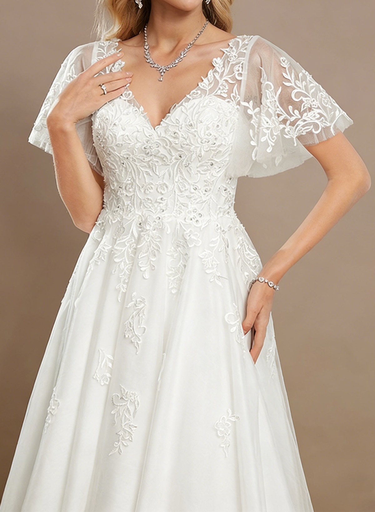 A-Line V-Neck Short Sleeves Tea-Length Satin Wedding Dresses With Appliques