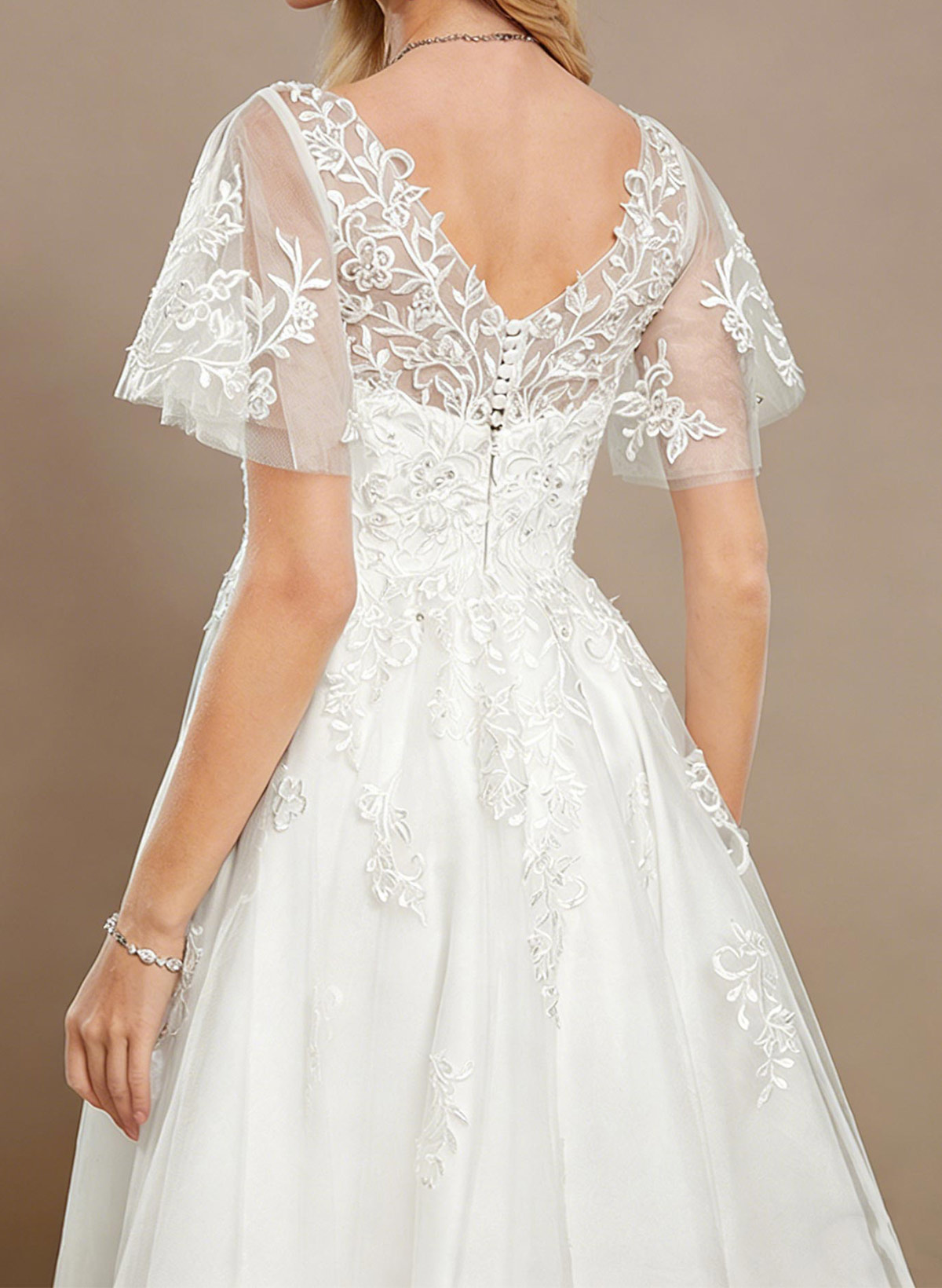 A-Line V-Neck Short Sleeves Tea-Length Satin Wedding Dresses With Appliques