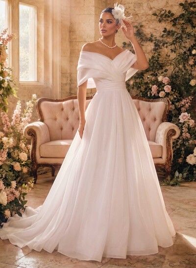 A-Line V-Neck/Off-The-Shoulder Sleeveless Sweep Train Tulle Wedding Dresses