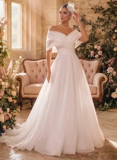 Ball-Gown V-Neck/Off-The-Shoulder Sleeveless Sweep Train Tulle Wedding Dresses