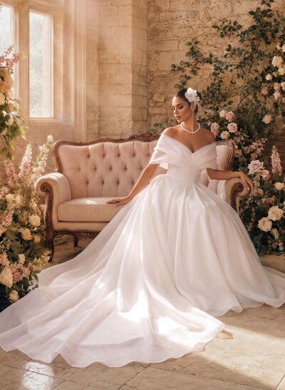 A-Line V-Neck/Off-The-Shoulder Sleeveless Sweep Train Tulle Wedding Dresses