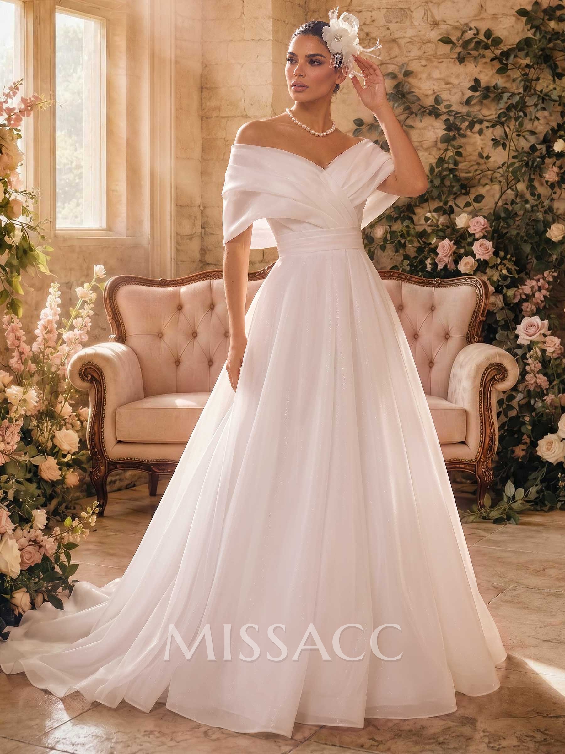 A-Line V-Neck/Off-The-Shoulder Sleeveless Sweep Train Tulle Wedding Dresses