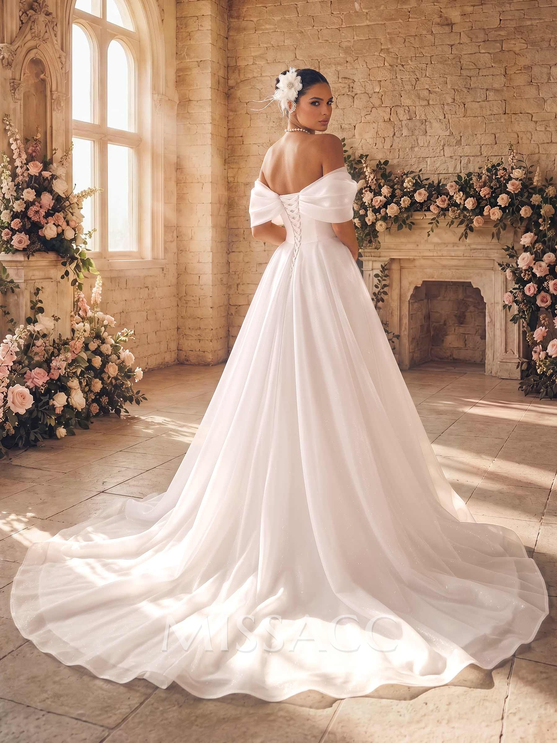 A-Line V-Neck/Off-The-Shoulder Sleeveless Sweep Train Tulle Wedding Dresses