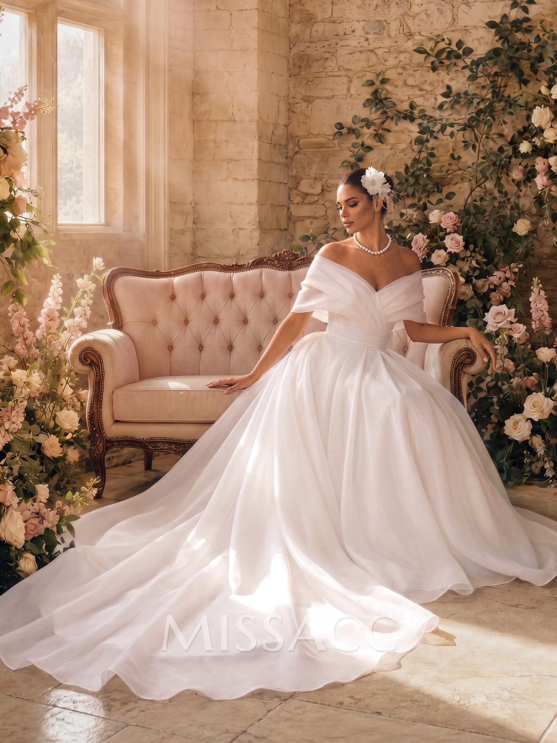 A-Line V-Neck/Off-The-Shoulder Sleeveless Sweep Train Tulle Wedding Dresses