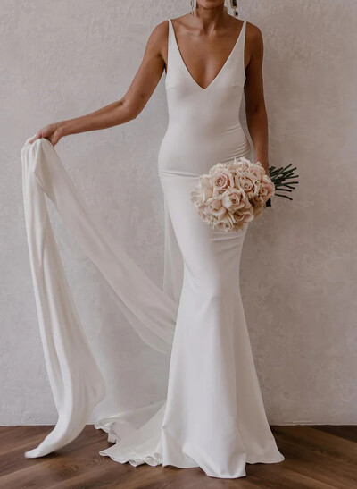 Trumpet/Mermaid Plunge Neck Sleeveless Sweep Train Satin Wedding Dresses