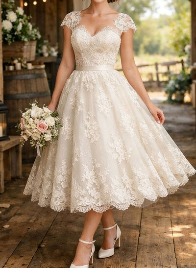 A-Line Sweetheart Short Sleeves Tea-Length Lace Wedding Dresses With Lace/Appliques