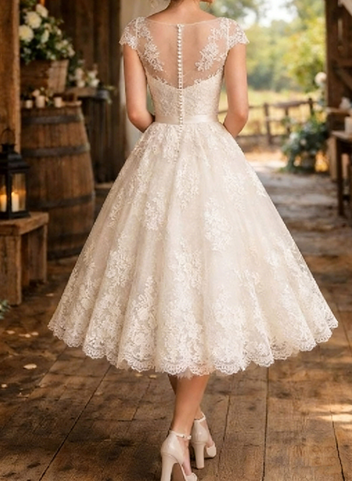 A-Line Sweetheart Short Sleeves Tea-Length Lace Wedding Dresses With Lace/Appliques
