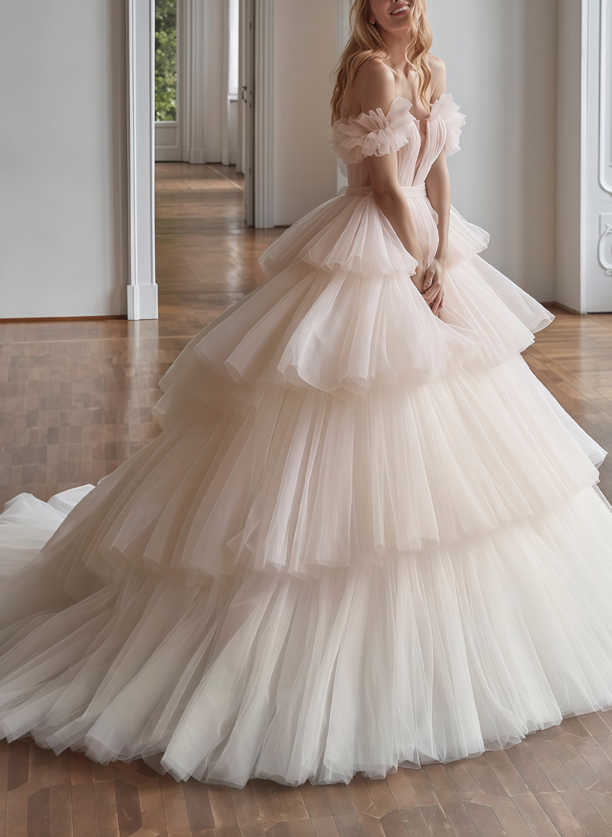 Ball-Gown Off-The-Shoulder Sleeveless Chapel Train Satin/Tulle Bride Wedding Dress With Cascading Ruffles