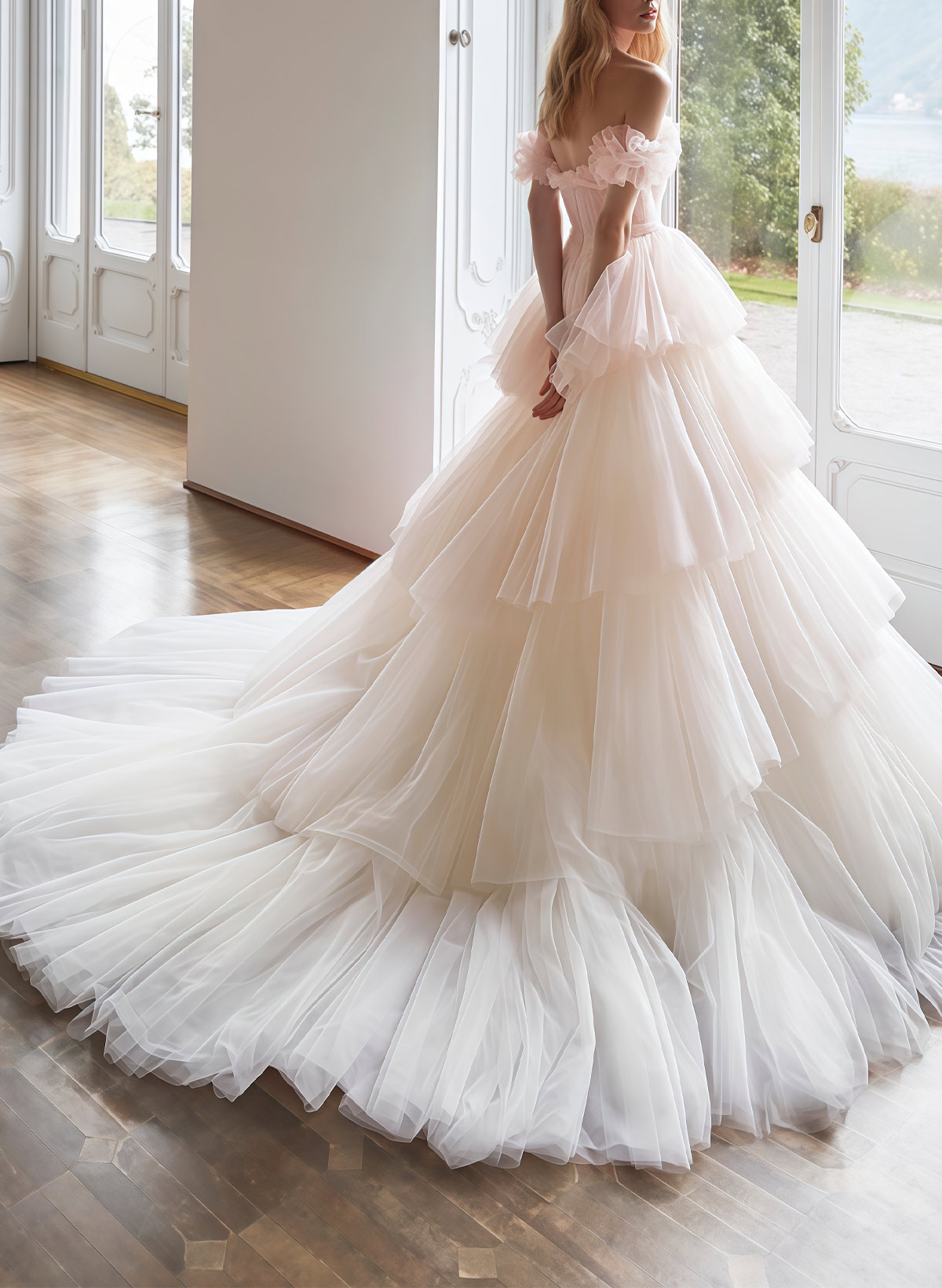 Ball-Gown Off-The-Shoulder Sleeveless Chapel Train Satin/Tulle Bride Wedding Dress With Cascading Ruffles