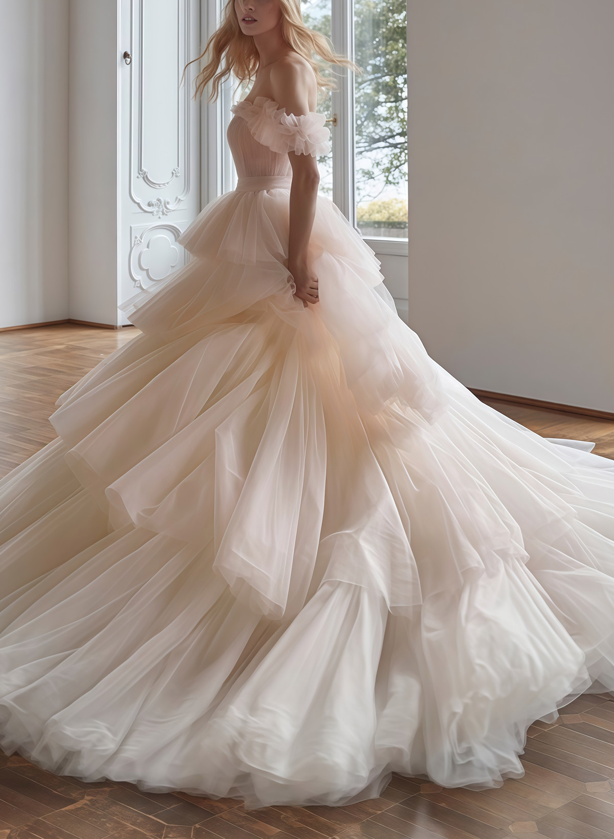 Ball-Gown Off-The-Shoulder Sleeveless Chapel Train Satin/Tulle Bride Wedding Dress With Cascading Ruffles
