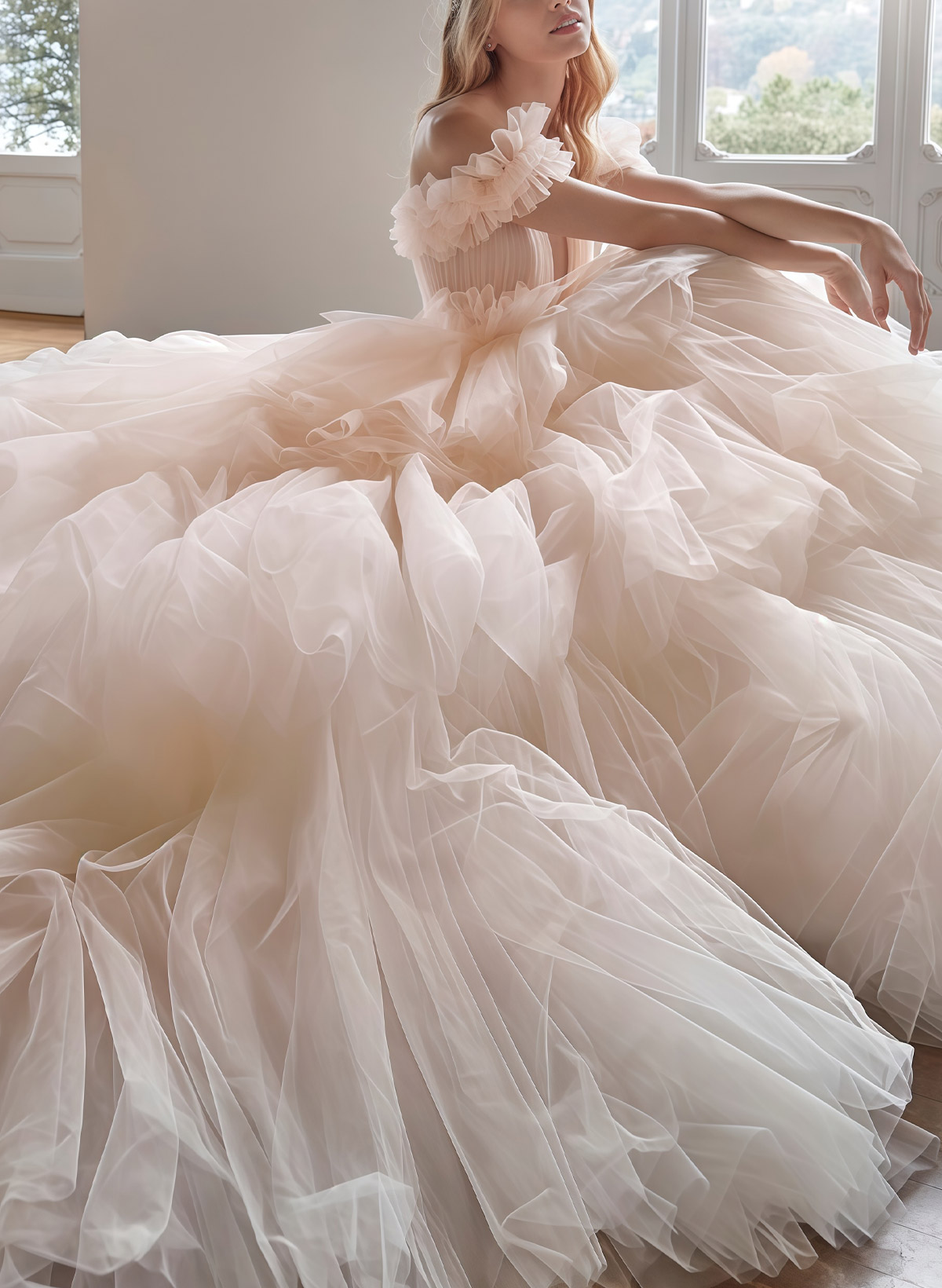 Ball-Gown Off-The-Shoulder Sleeveless Chapel Train Satin/Tulle Bride Wedding Dress With Cascading Ruffles