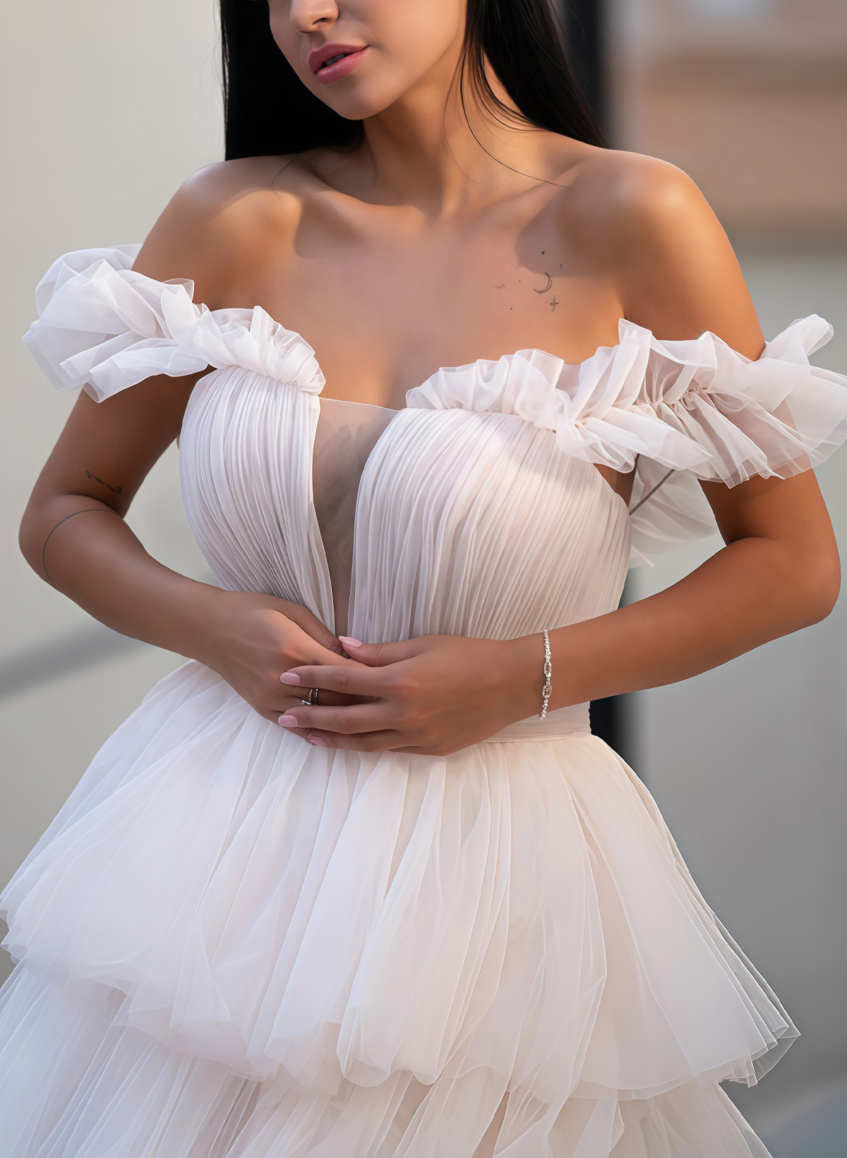 Ball-Gown Off-The-Shoulder Sleeveless Chapel Train Satin/Tulle Bride Wedding Dress With Cascading Ruffles