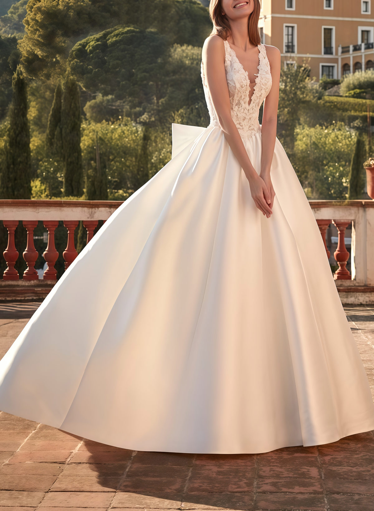 Ball-Gown Plunge Neck Sleeveless Court Train Twill Satin Bride Wedding Dress With Bow(s)/Pockets/Appliques