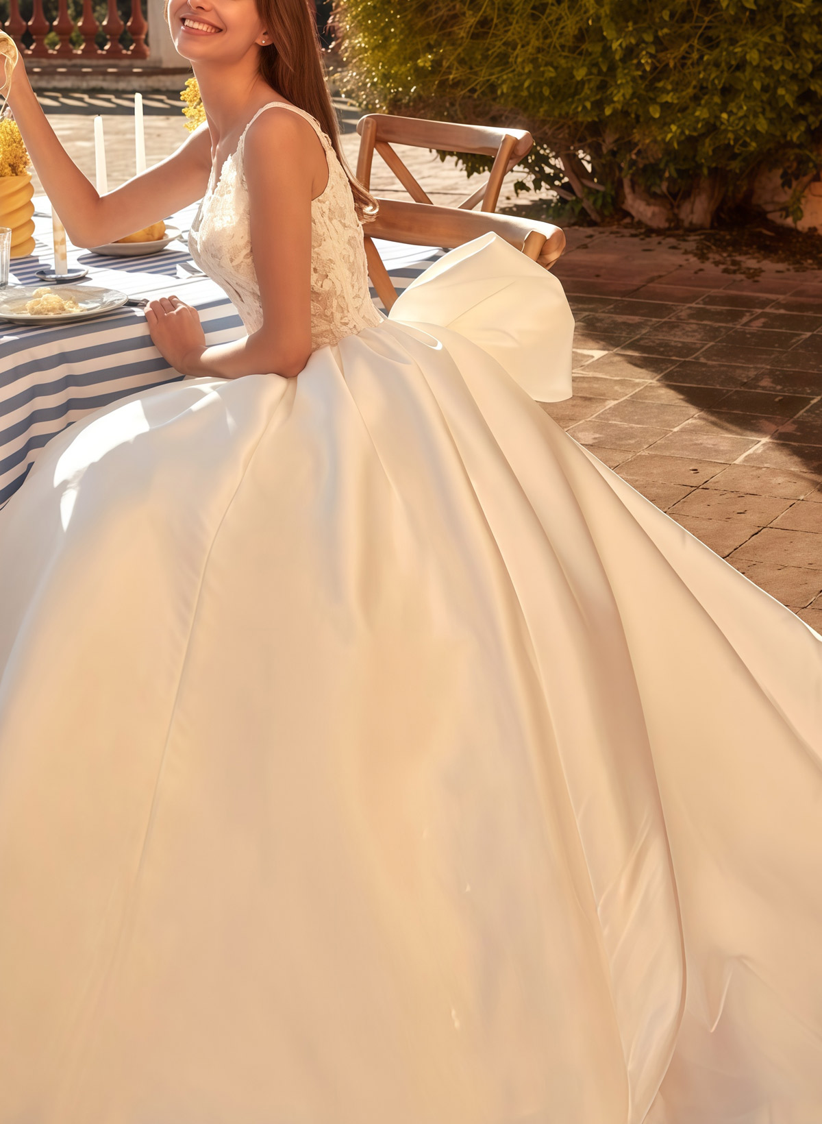 Ball-Gown Plunge Neck Sleeveless Court Train Twill Satin Bride Wedding Dress With Bow(s)/Pockets/Appliques