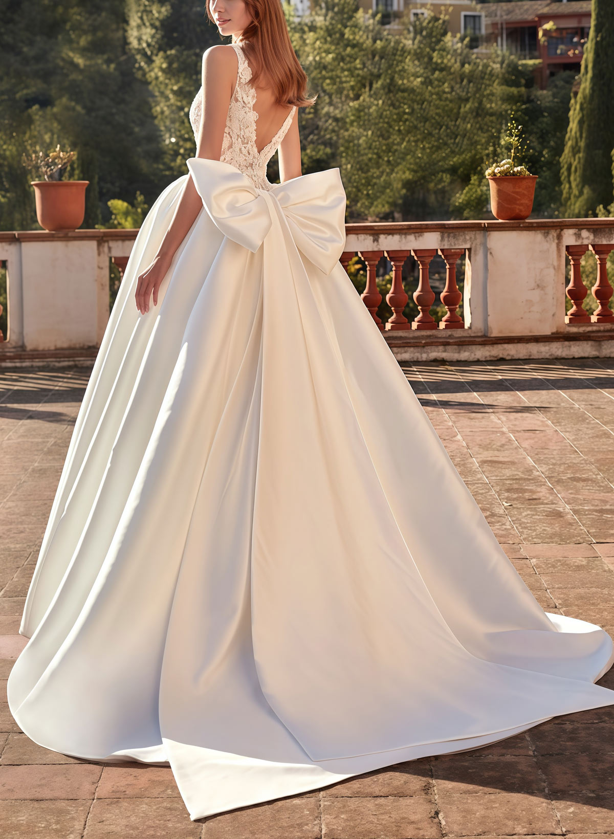 Ball-Gown Plunge Neck Sleeveless Court Train Twill Satin Bride Wedding Dress With Bow(s)/Pockets/Appliques