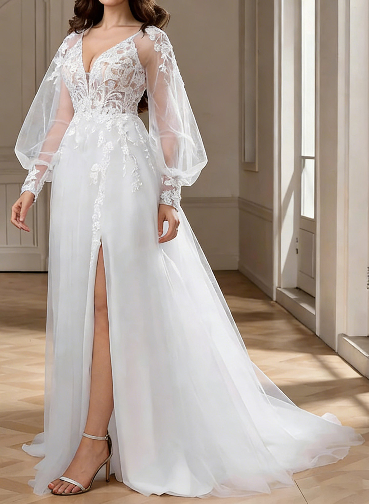 A-Line V-Neck Long Sleeves Sweep Train Chiffon/Lace Wedding Dresses With Split Front/Appliques