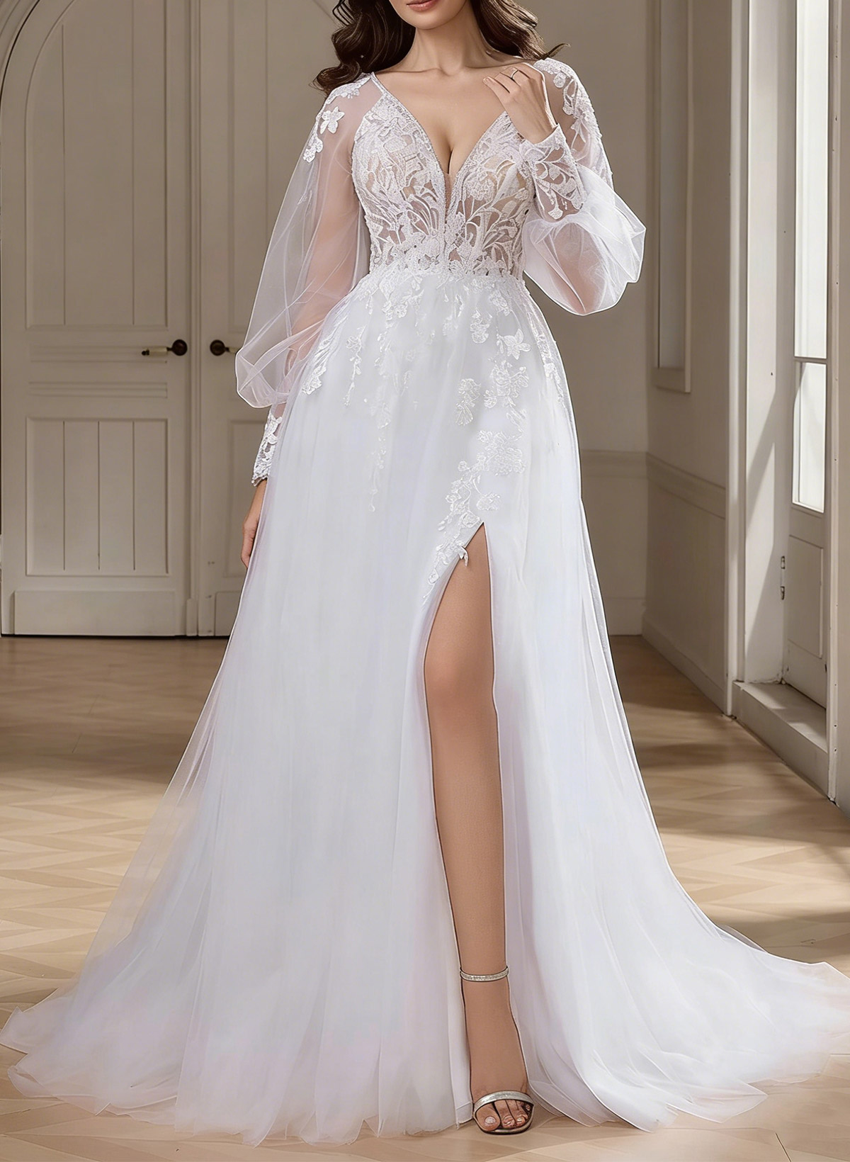 A-Line V-Neck Long Sleeves Sweep Train Chiffon/Lace Wedding Dresses With Split Front/Appliques