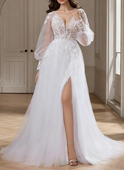 A-Line V-Neck Long Sleeves Sweep Train Chiffon/Lace Wedding Dresses With Split Front/Appliques