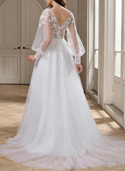 A-Line V-Neck Long Sleeves Sweep Train Chiffon/Lace Wedding Dresses With Split Front/Appliques
