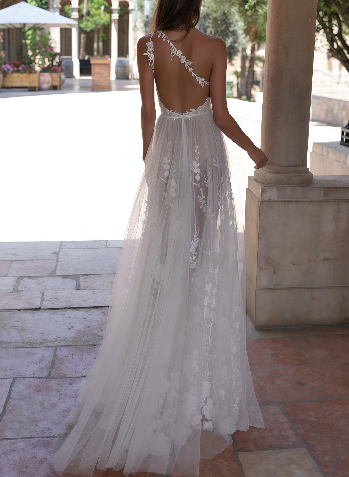 A-Line One-Shoulder Sleeveless Sweep Train Tulle Bride Wedding Dress With Appliques Lace/High Split