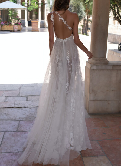 A-Line One-Shoulder Sleeveless Sweep Train Tulle Bride Wedding Dress With Appliques Lace/High Split