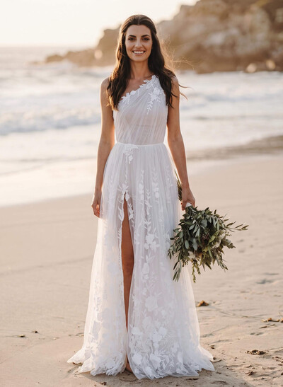 A-Line One-Shoulder Sleeveless Sweep Train Tulle Bride Wedding Dress With Appliques Lace/High Split