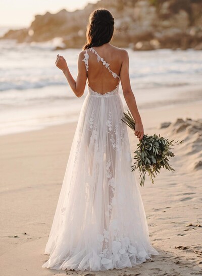 A-Line One-Shoulder Sleeveless Sweep Train Tulle Bride Wedding Dress With Appliques Lace/High Split