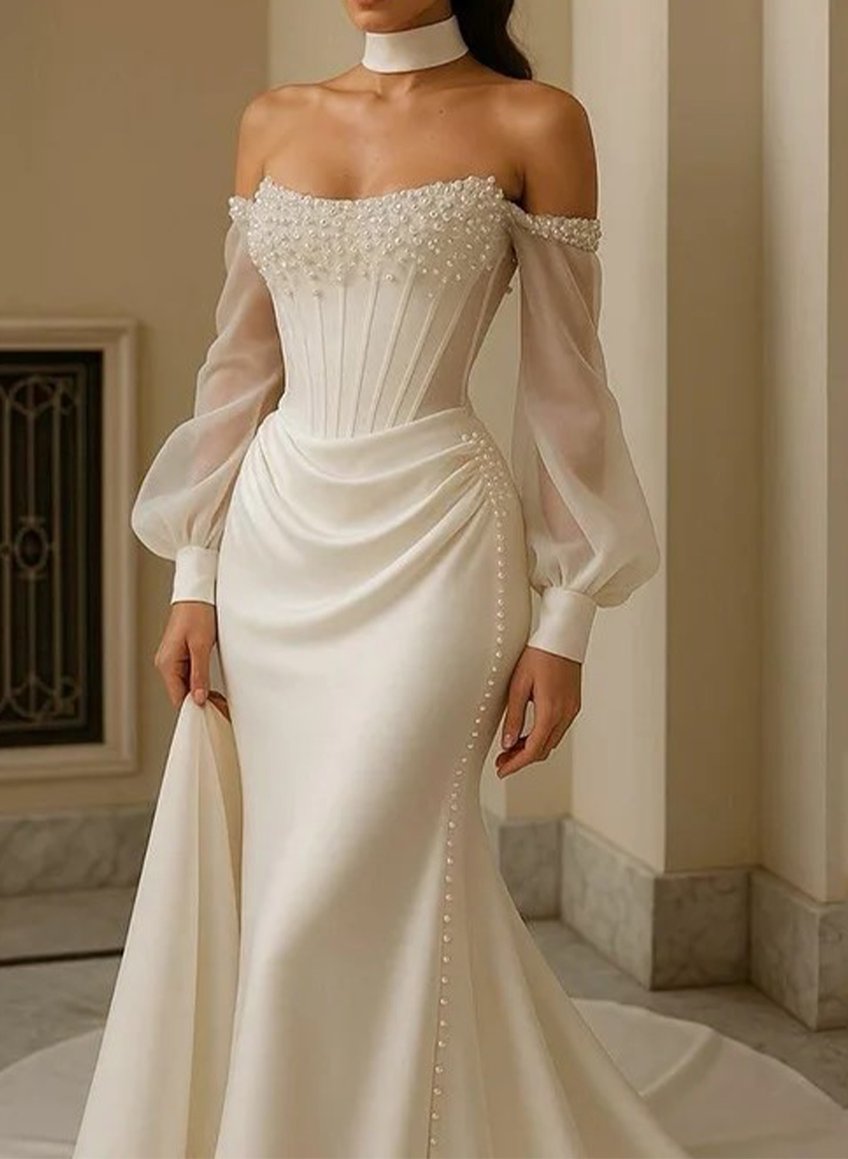 Trumpet/Mermaid Off-The-Shoulder Long Sleeves Chapel Train Crepe Satin Wedding Dresses With Beading
