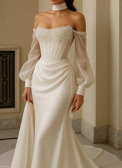 Trumpet/Mermaid Off-The-Shoulder Long Sleeves Chapel Train Crepe Satin Wedding Dresses With Beading