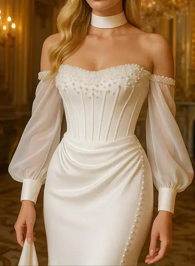 Trumpet/Mermaid Off-The-Shoulder Long Sleeves Chapel Train Crepe Satin Wedding Dresses With Beading