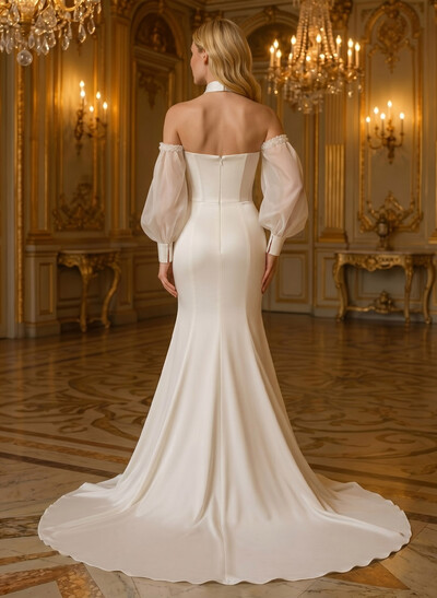 Trumpet/Mermaid Off-The-Shoulder Long Sleeves Chapel Train Crepe Satin Wedding Dresses With Beading