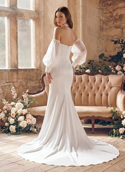 Trumpet/Mermaid Off-The-Shoulder Long Sleeves Chapel Train Crepe Satin Wedding Dresses With Beading