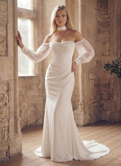Trumpet/Mermaid Off-The-Shoulder Long Sleeves Chapel Train Crepe Satin Wedding Dresses With Beading