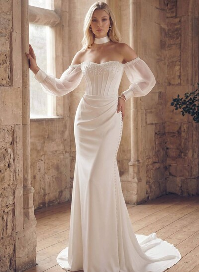 Trumpet/Mermaid Off-The-Shoulder Long Sleeves Chapel Train Crepe Satin Wedding Dresses With Beading