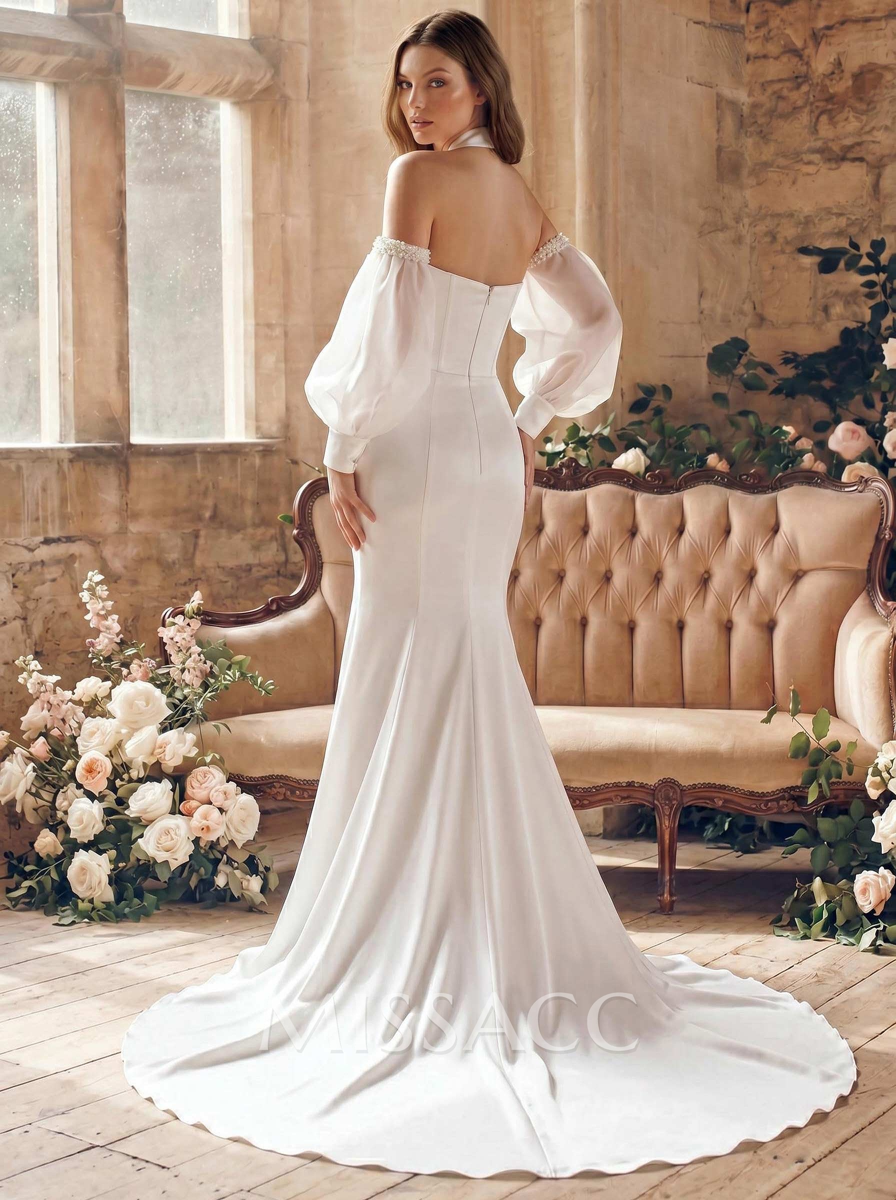 Trumpet/Mermaid Off-The-Shoulder Long Sleeves Chapel Train Crepe Satin Wedding Dresses With Beading