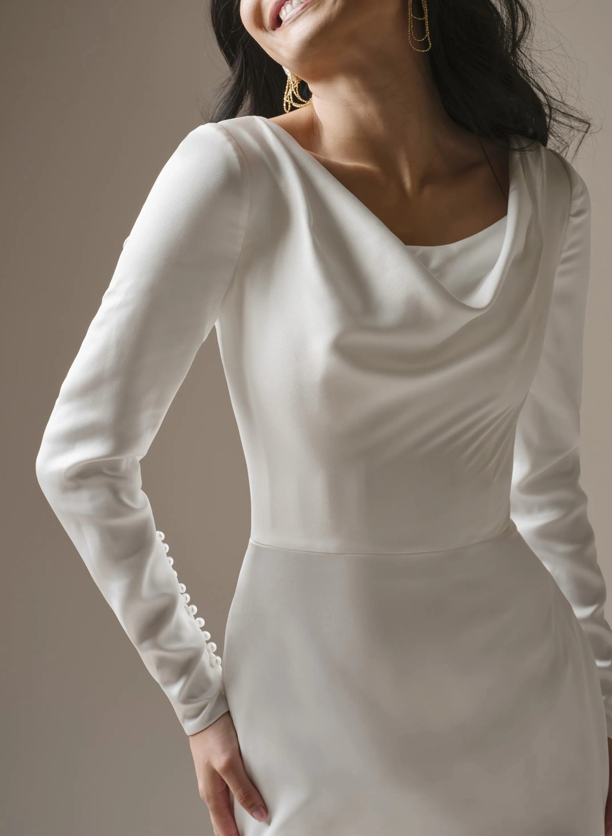 Trumpet/Mermaid Scoop Neck Long Sleeves Court Train Crepe Satin Bride Wedding Dress With Beading