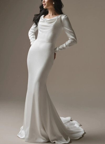 Trumpet/Mermaid Scoop Neck Long Sleeves Court Train Crepe Satin Bride Wedding Dress With Beading