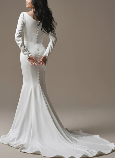 Trumpet/Mermaid Scoop Neck Long Sleeves Court Train Crepe Satin Bride Wedding Dress With Beading