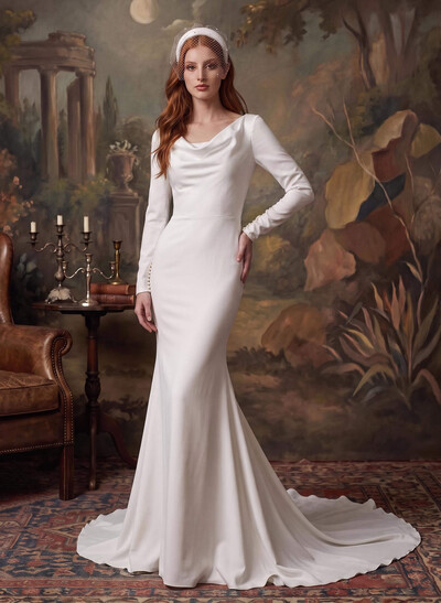 Trumpet/Mermaid Scoop Neck Long Sleeves Court Train Crepe Satin Bride Wedding Dress With Beading