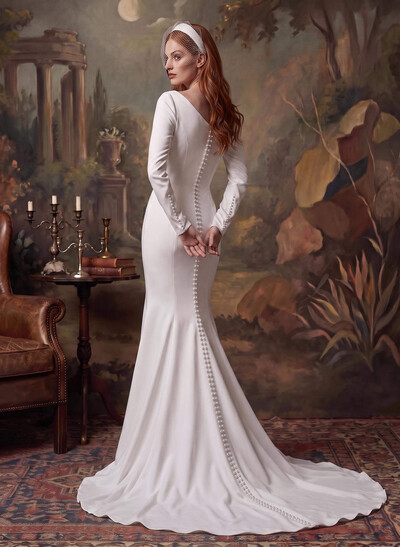 Trumpet/Mermaid Scoop Neck Long Sleeves Court Train Crepe Satin Bride Wedding Dress With Beading