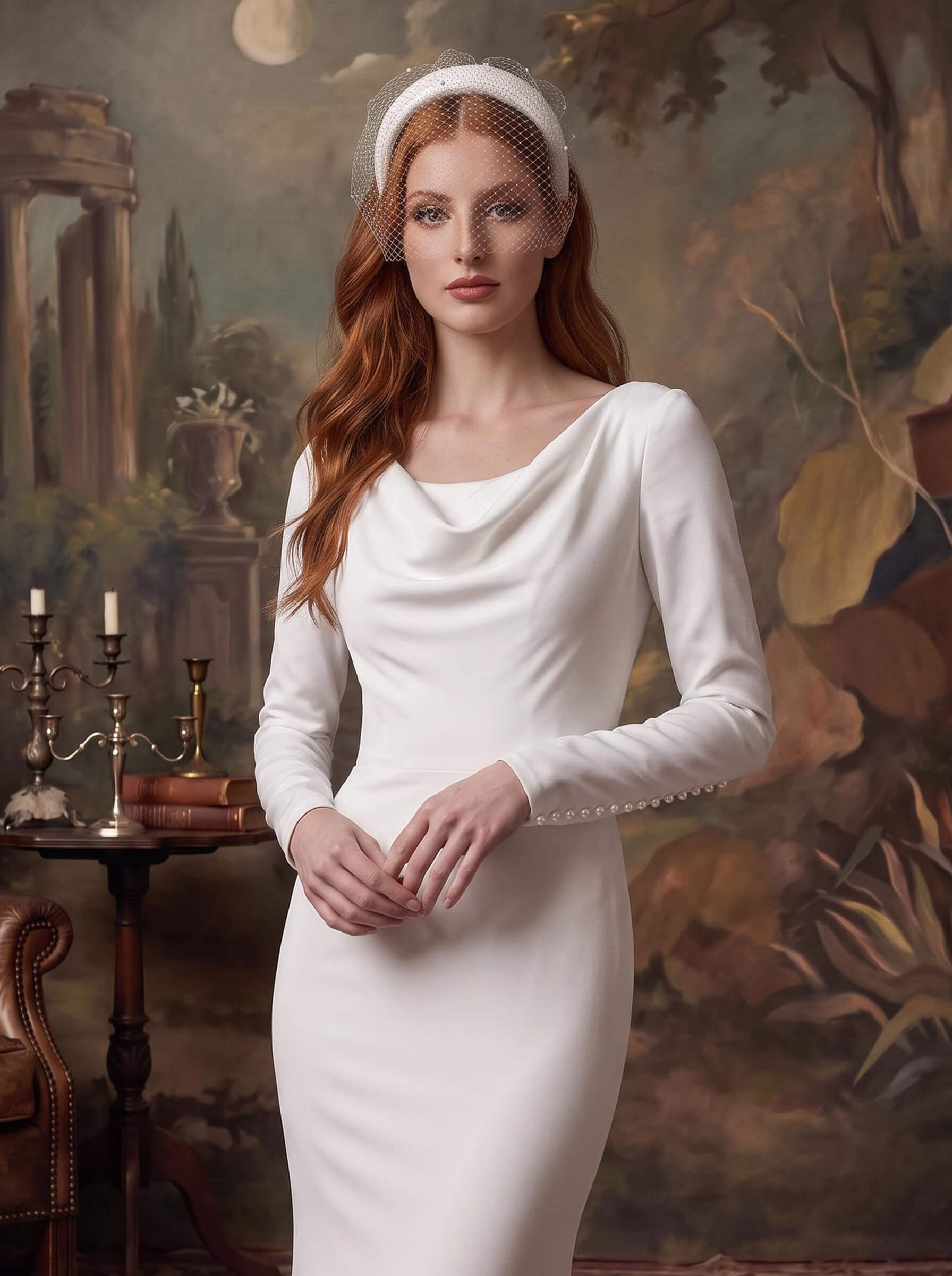 Trumpet/Mermaid Scoop Neck Long Sleeves Court Train Crepe Satin Bride Wedding Dress With Beading