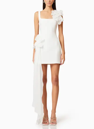 A-Line Square Neckline Sleeveless Short/Mini Twill Satin/Liquid Tulle Bride Wedding Dress With Sweeping Side Drape