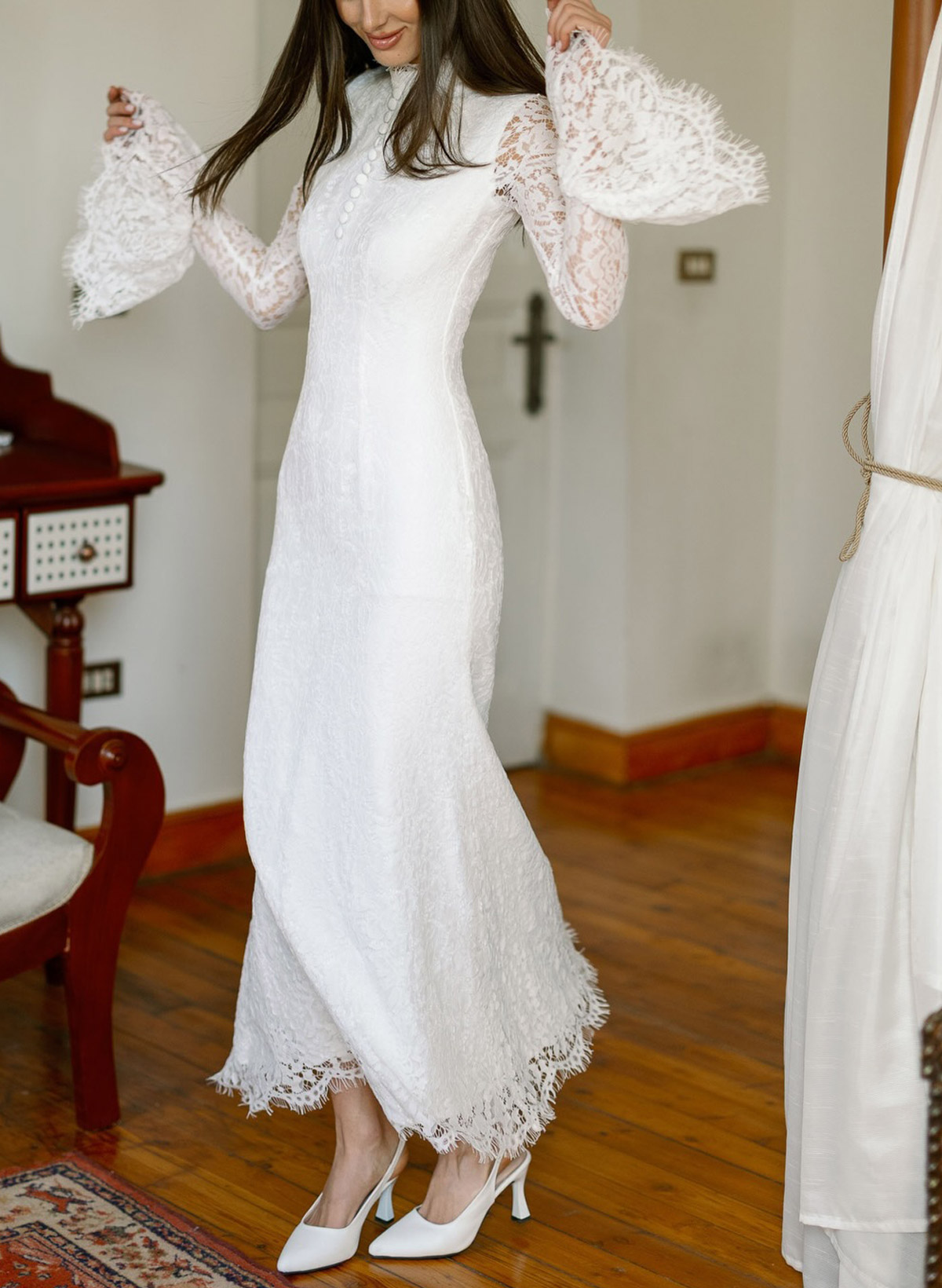 Trumpet/Mermaid High Neck Long Sleeves Ankle-Length Lace/Elastic Satin Bride Wedding Dress With Flower