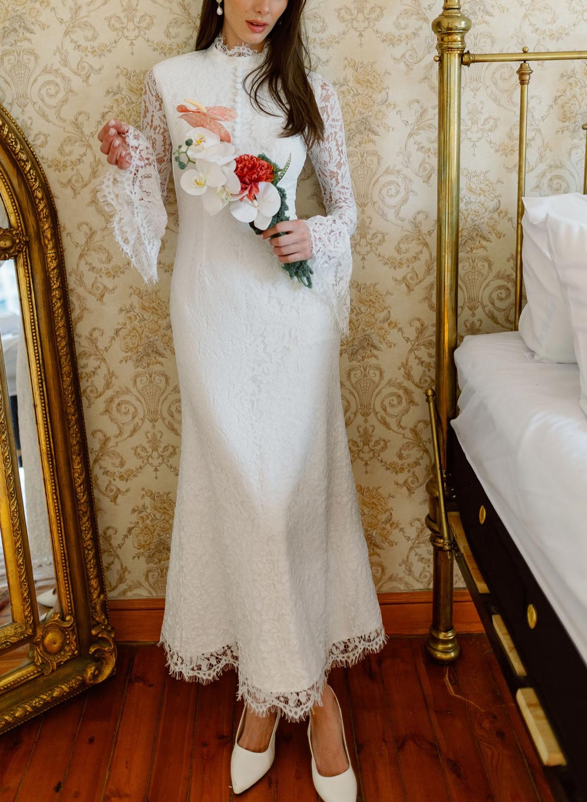 Trumpet/Mermaid High Neck Long Sleeves Ankle-Length Lace/Elastic Satin Bride Wedding Dress With Flower