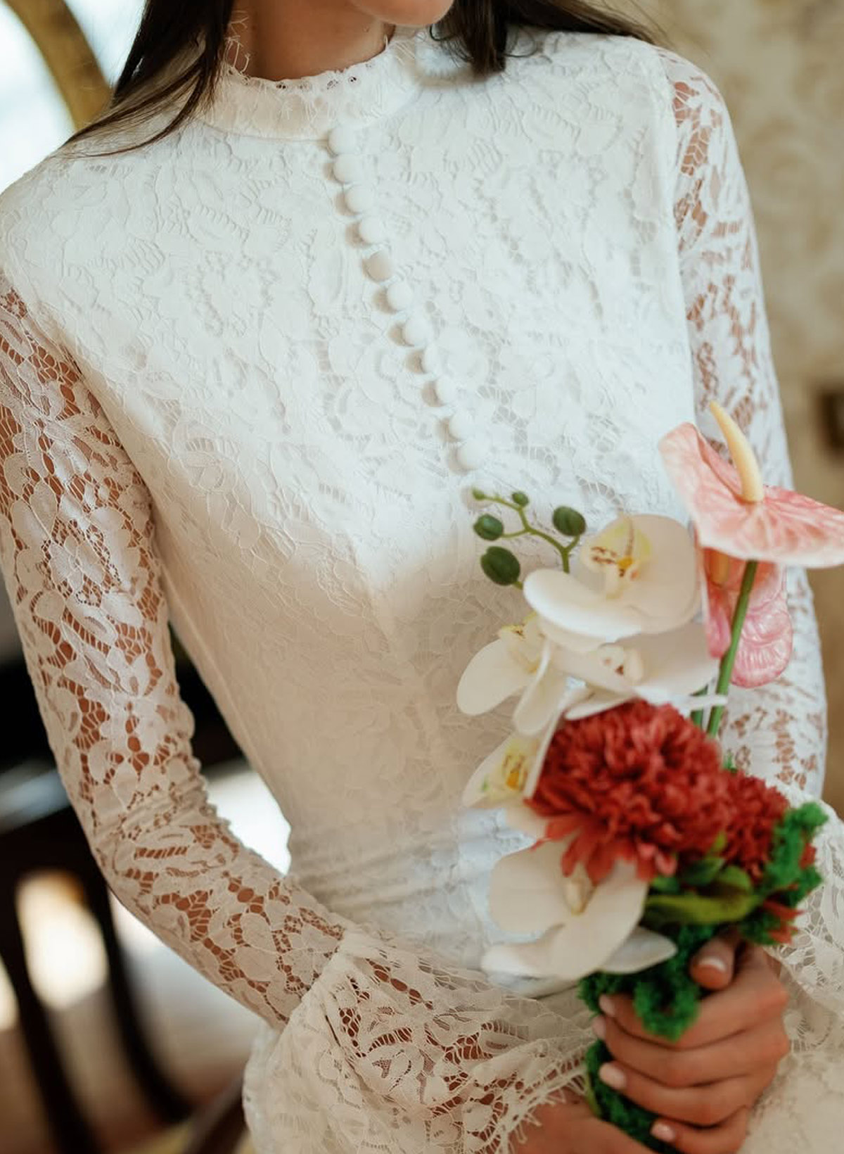 Trumpet/Mermaid High Neck Long Sleeves Ankle-Length Lace/Elastic Satin Bride Wedding Dress With Flower