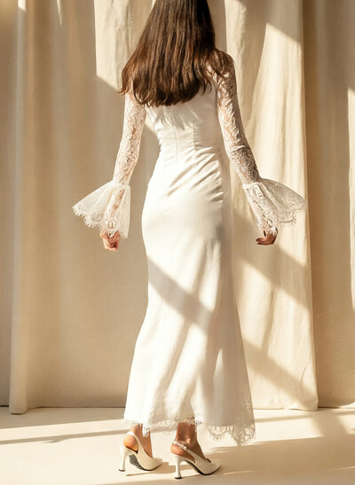 Trumpet/Mermaid High Neck Long Sleeves Ankle-Length Lace/Elastic Satin Bride Wedding Dress With Flower
